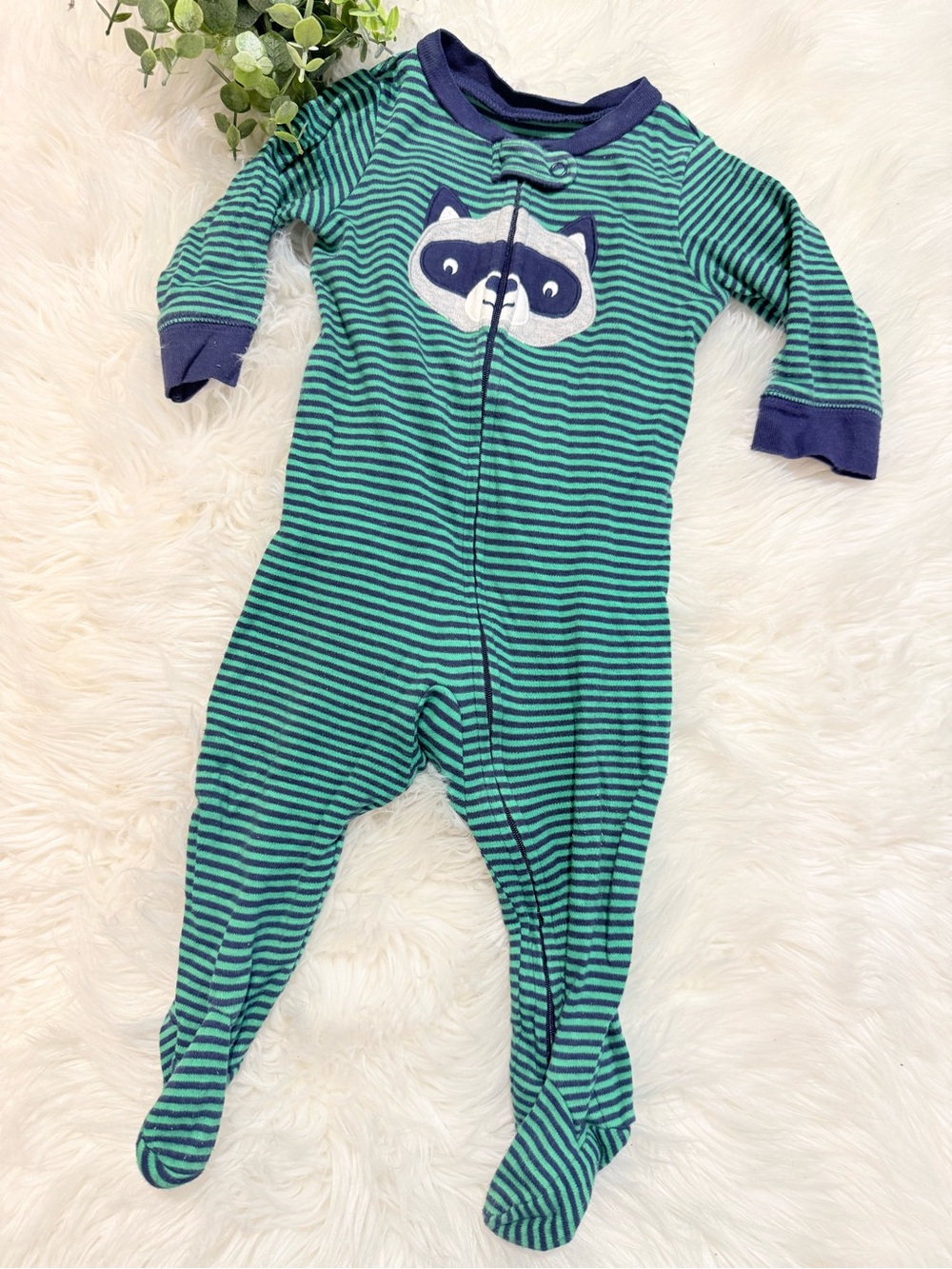 🌿10/$25 • Carters Striped Green & Navy Footed Sleeper with Racoon Applique